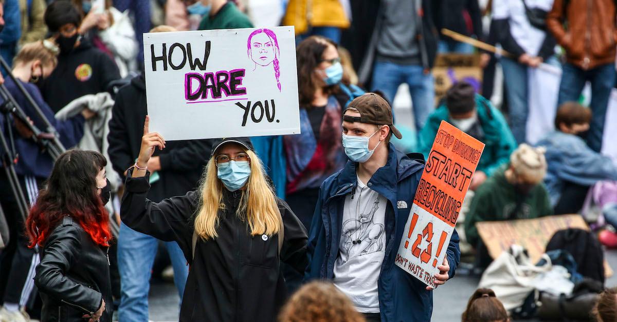 Climate change protester referencing Geta Thunberg