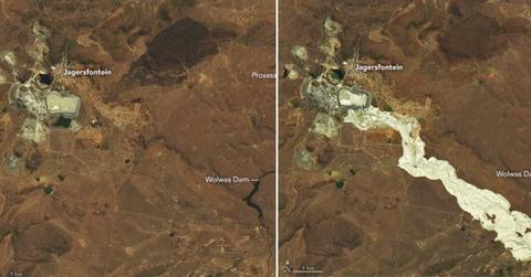 NASA satellite images show the contrast of how a South African landscape altered after getting flooded by the 'golden' river. (Cover Image Source: X | @NASA_Landsat)