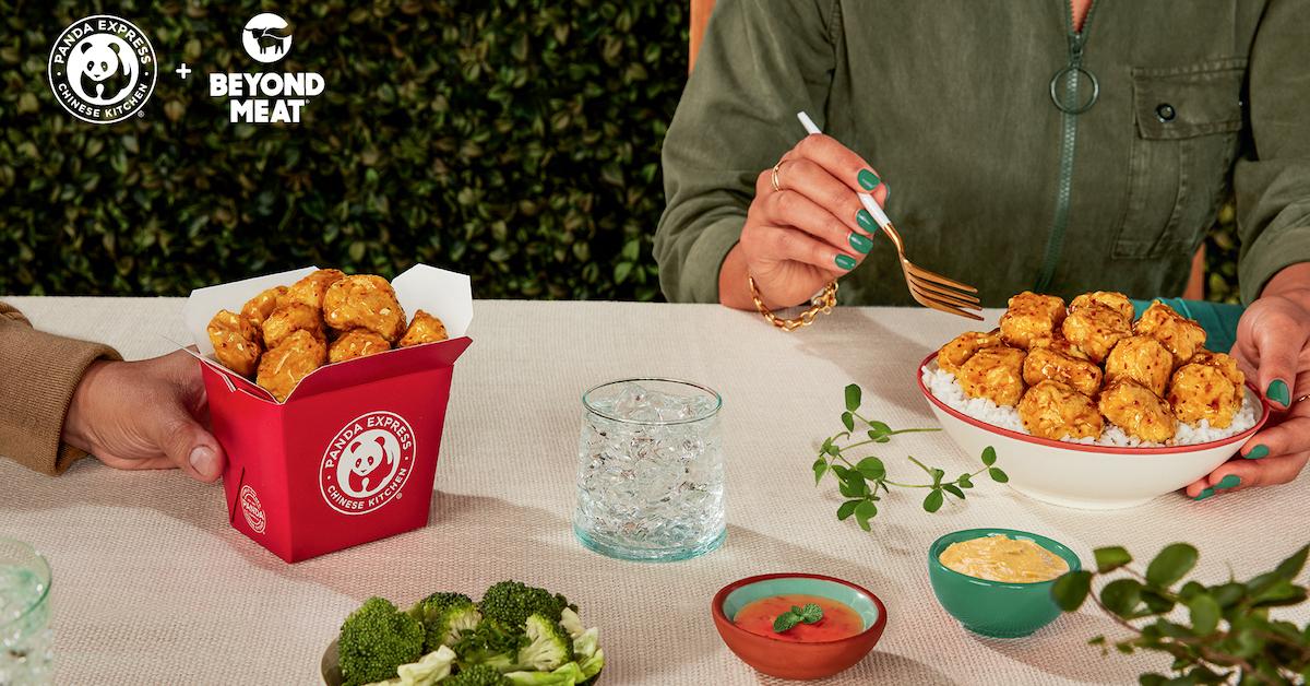 Panda Express vegan orange chicken in red container on table