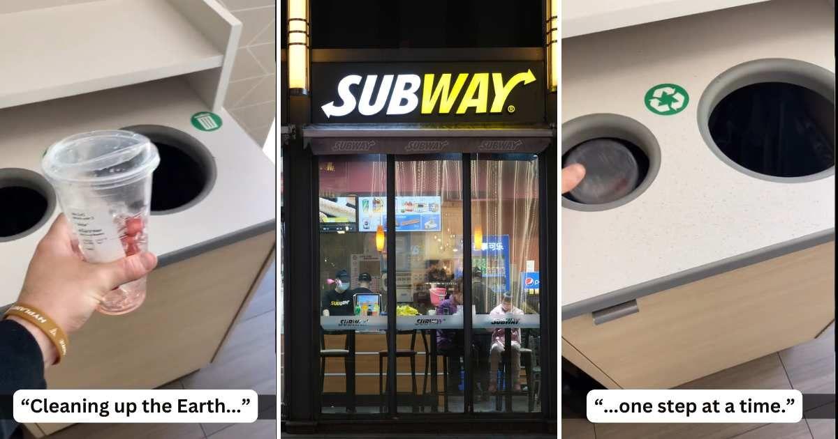 (L), (R) Subway customer feels shocked to discover greenwashing. (Cover Image Source: TikTok | @garayua21) | (C) An outside view of a Subway outlet. (Representative Cover Image Source: Getty Images | Robert Way)