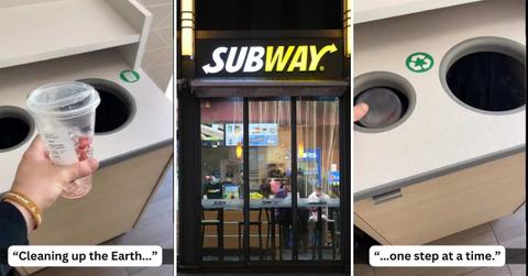 (L), (R) Subway customer feels shocked to discover greenwashing. (Cover Image Source: TikTok | @garayua21) | (C) An outside view of a Subway outlet. (Representative Cover Image Source: Getty Images | Robert Way)