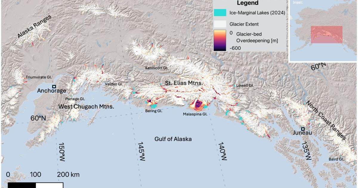 Overview map showing ice-marginal lakes, glacier extent, and mapped glacier-bed overdeepenings (Cover Image Source: PNAS)