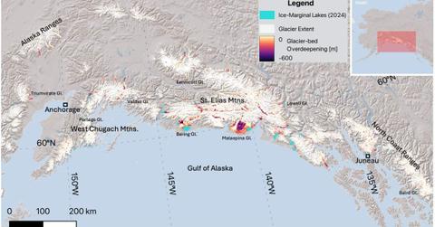 Overview map showing ice-marginal lakes, glacier extent, and mapped glacier-bed overdeepenings (Cover Image Source: PNAS)