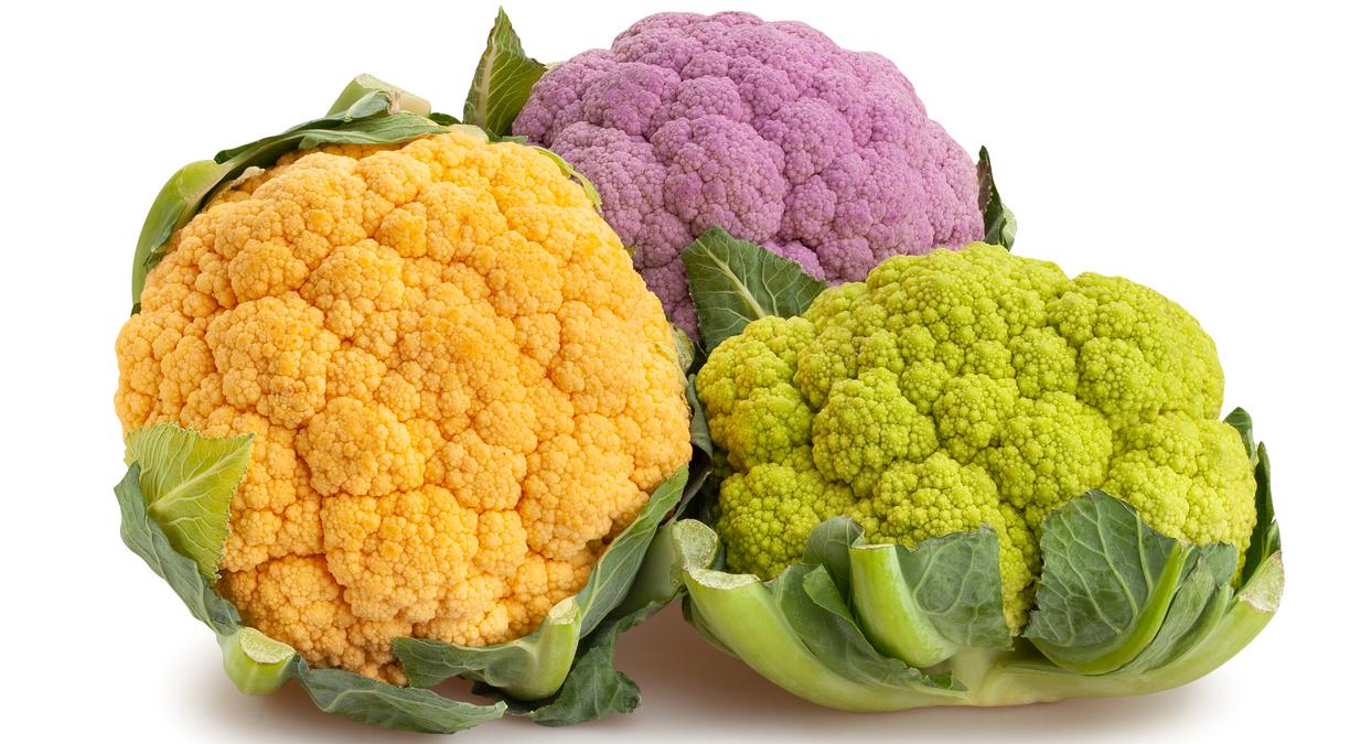 Yellow, green, and purple heads of cauliflower against a white background. 