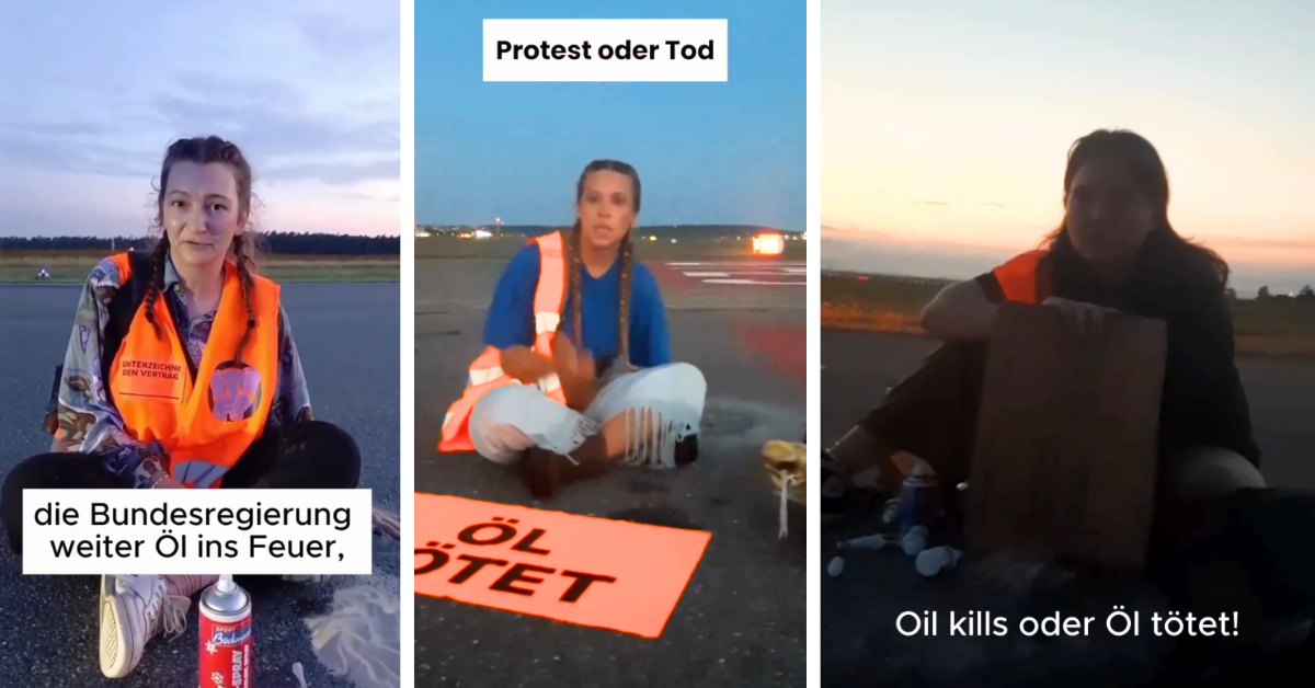 Climate activists film vides of themselves explaining why they are protesting on the tarmac of Germany's airports