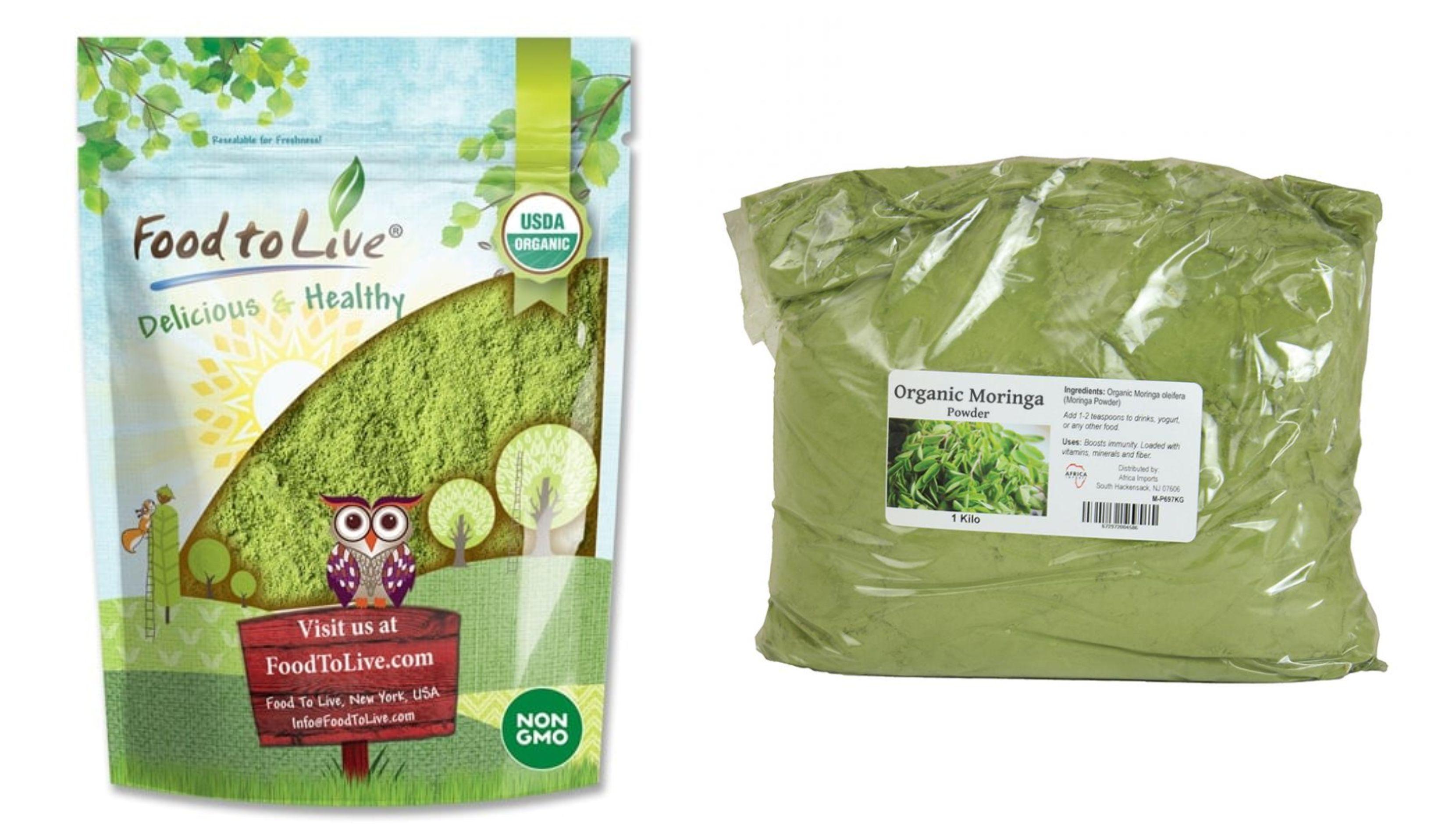 Two brands of moringa powder are pictured.