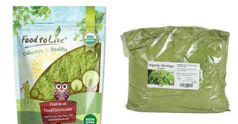 Two brands of moringa powder are pictured.