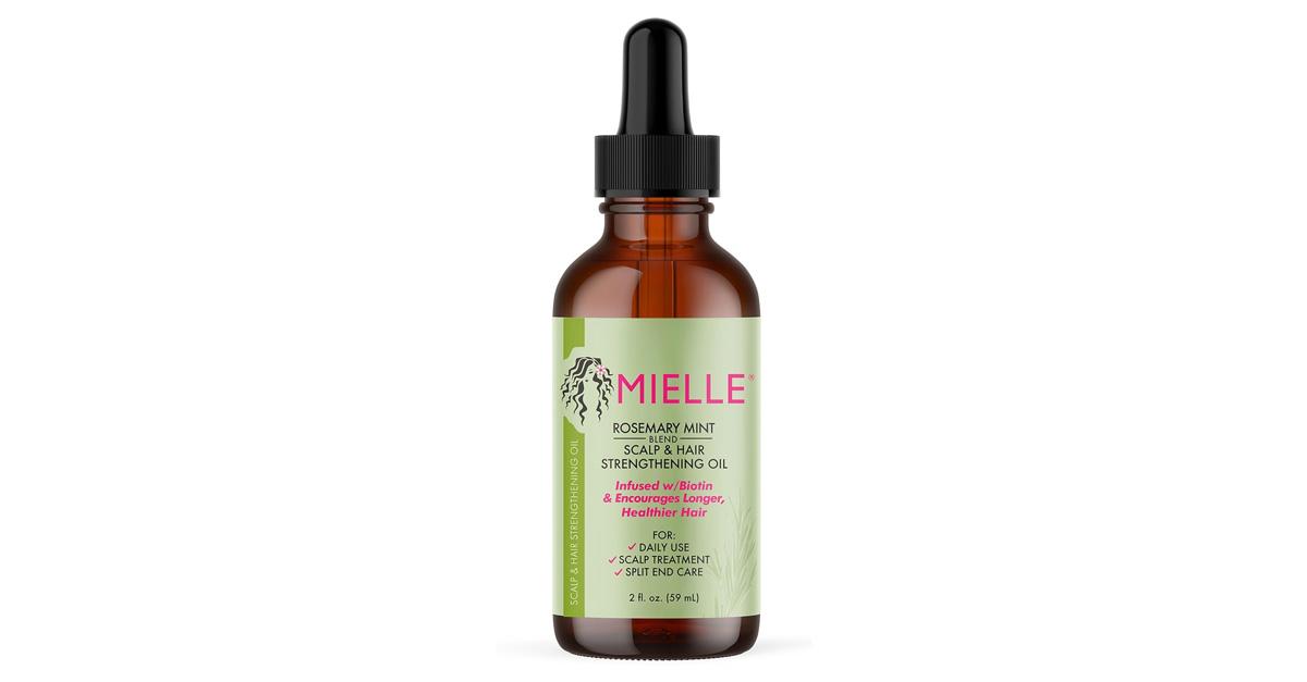 Mielle organics rosemary mint scalp and hair oil in a bottle with green label