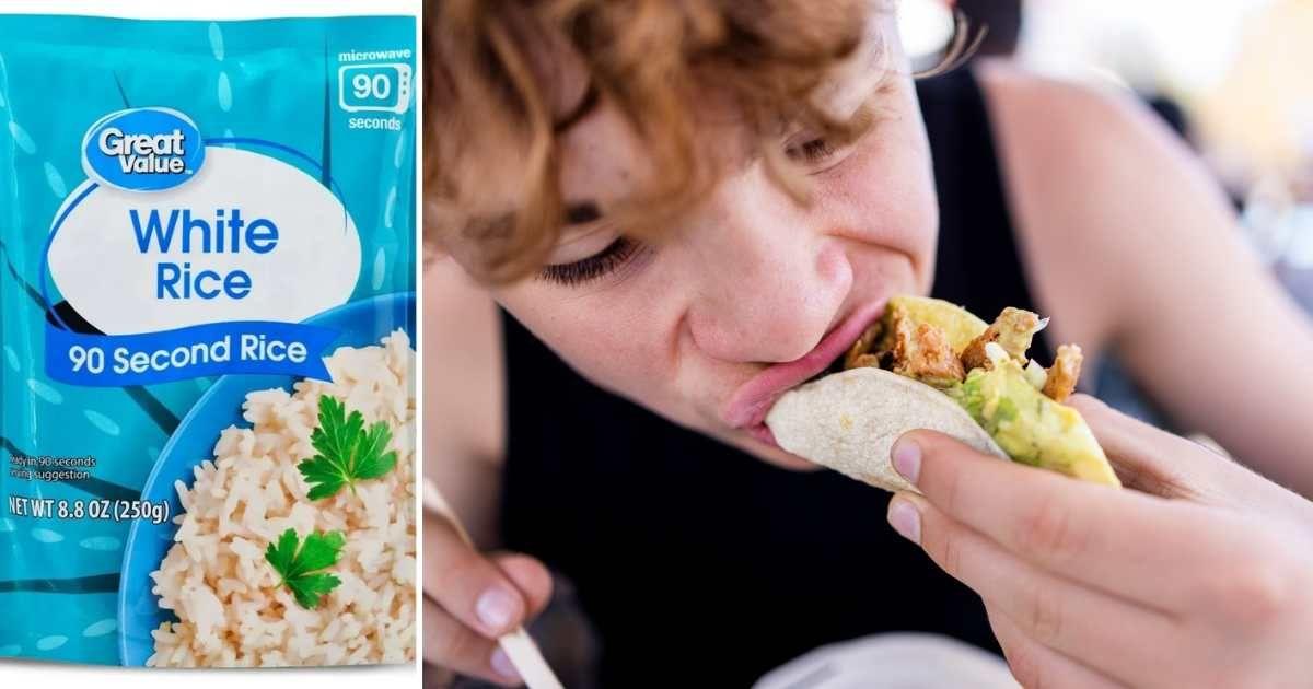 (L) A bag of Great Value White Rice (Cover Image Source: Reddit | u/Primary_Papaya3016) | (R) A boy eating tacos. (Representative Cover Image Source: Getty Images | EMS-FORSTER-PRODUCTIONS)
