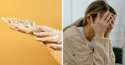 (L) Lather from turmeric soap on a person's hands. (R) A woman sitting with hands covering her face. (Representative Cover Image Source: Pexels | (L) Mikhail Nilov, (R) Mart Production)