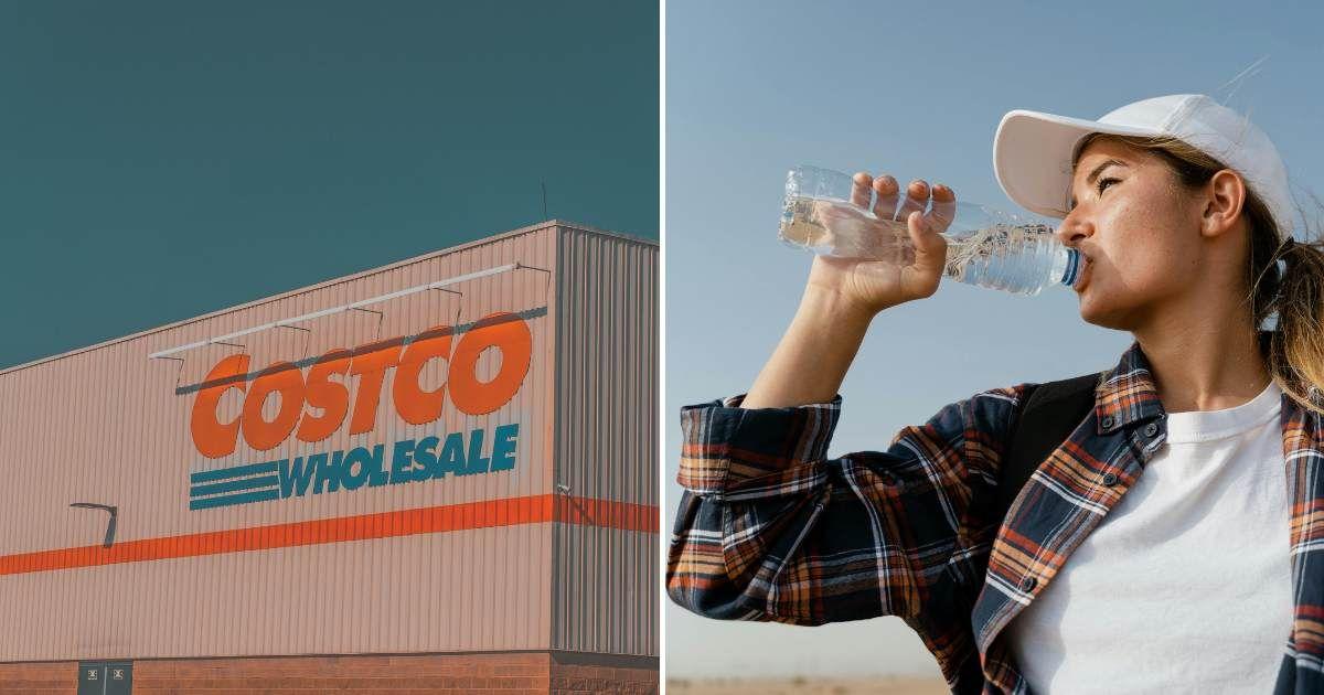 (L) Logo of Costco featured in a store. (R) Adult female drinking from a packaged water bottle. (Representative Cover Image Source: (L) Unsplash | Omar Abascal, (R) Pexels | Mart Productions)