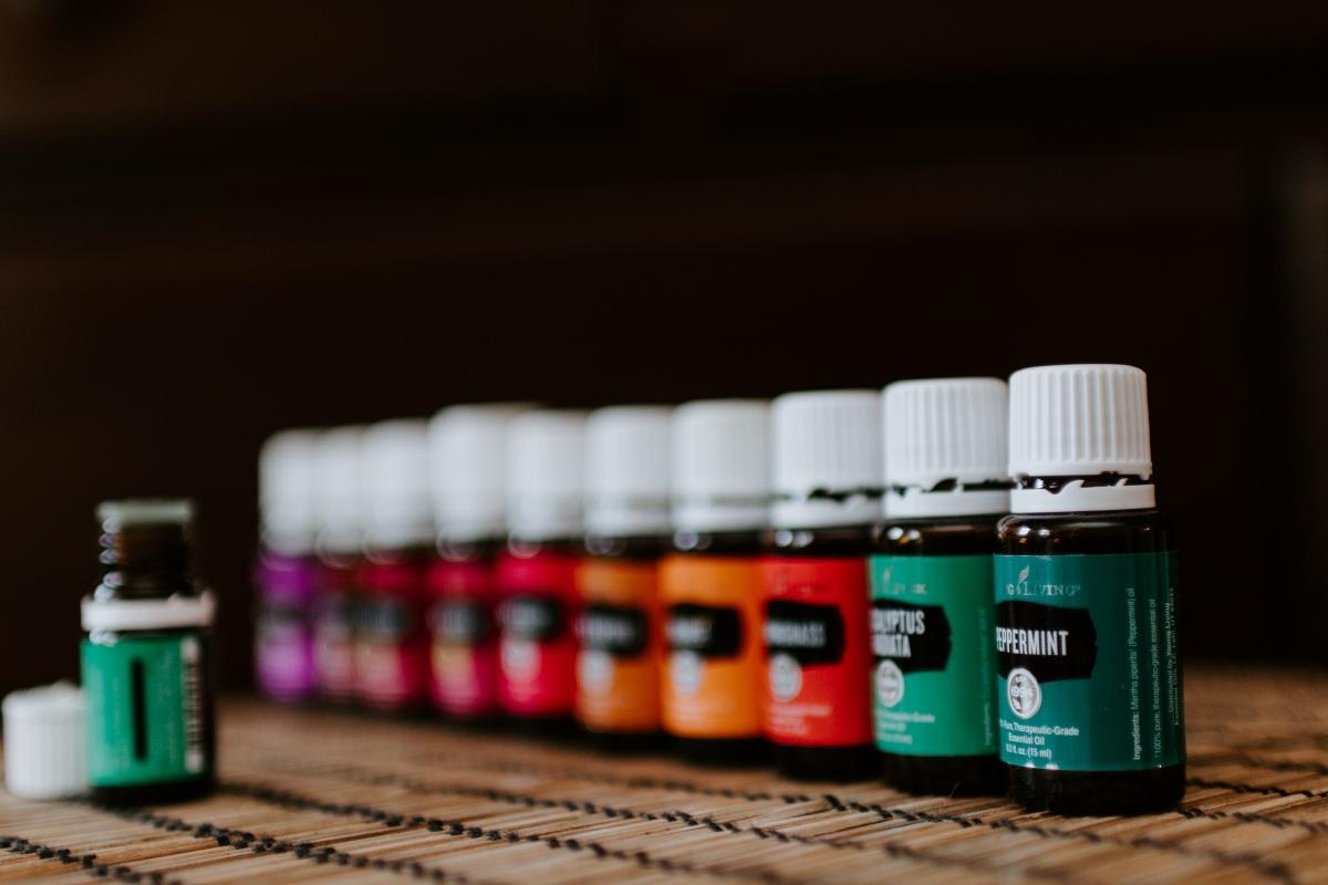 set of essential oil bottles lined up