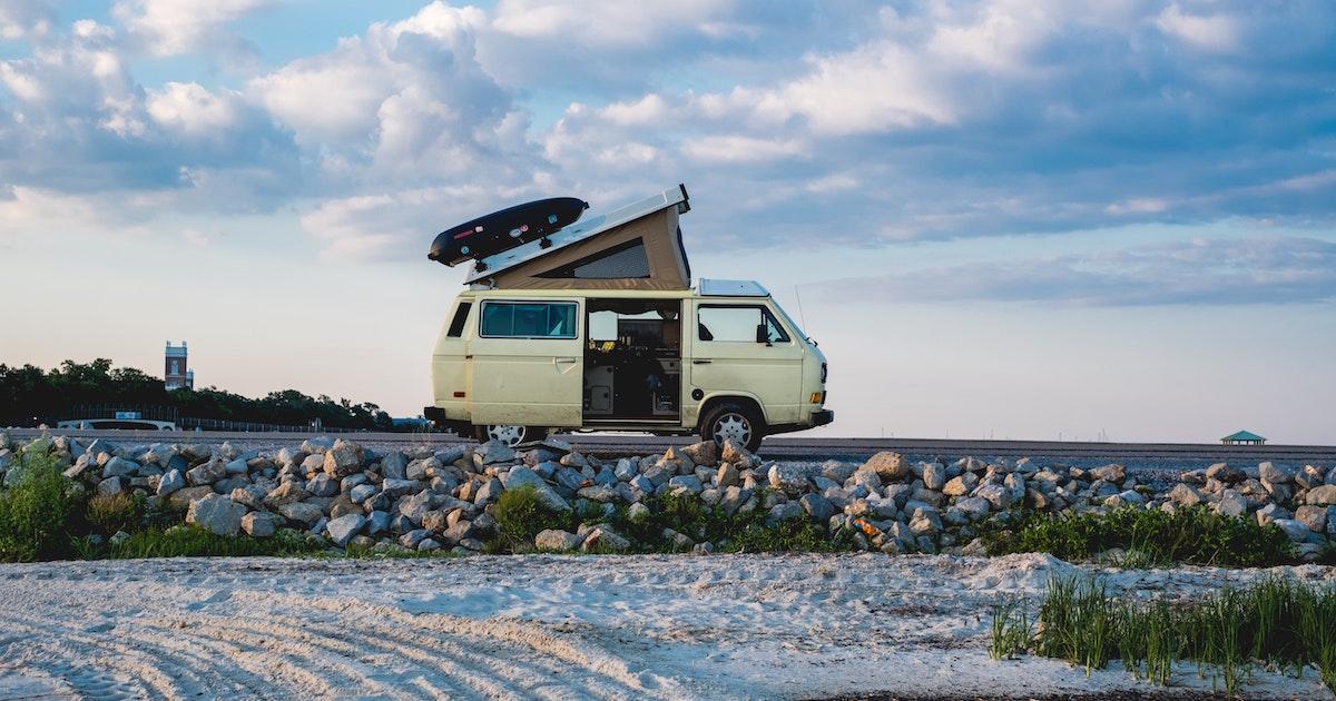 Van parked by the ocean