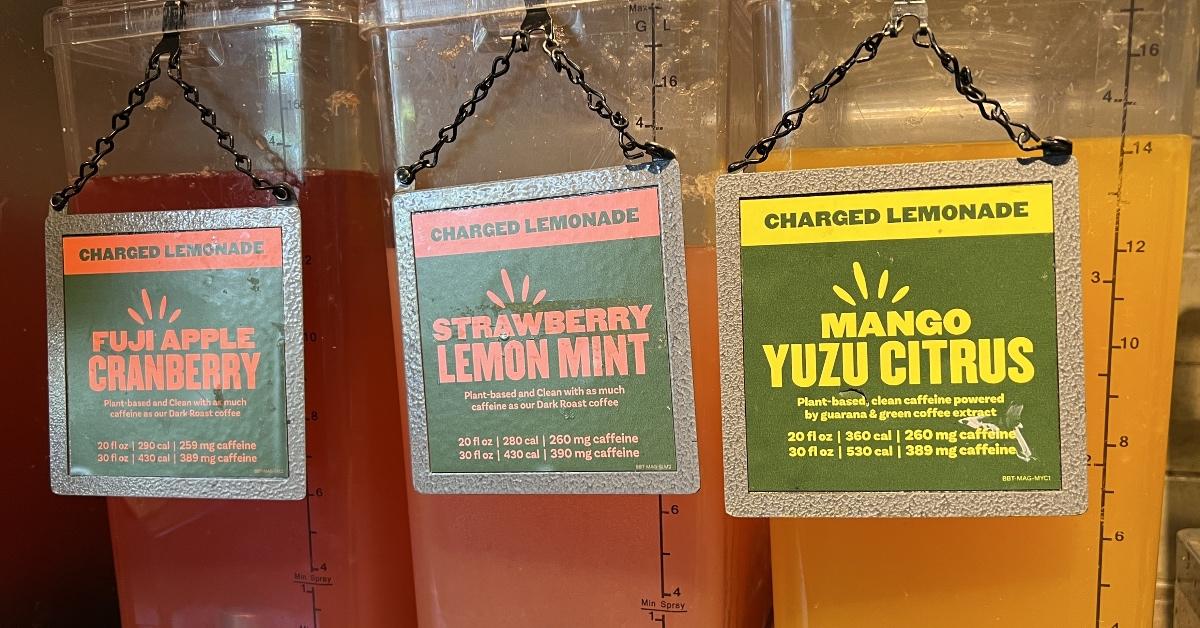 Photograph of three kinds of Panera Charged Lemonade