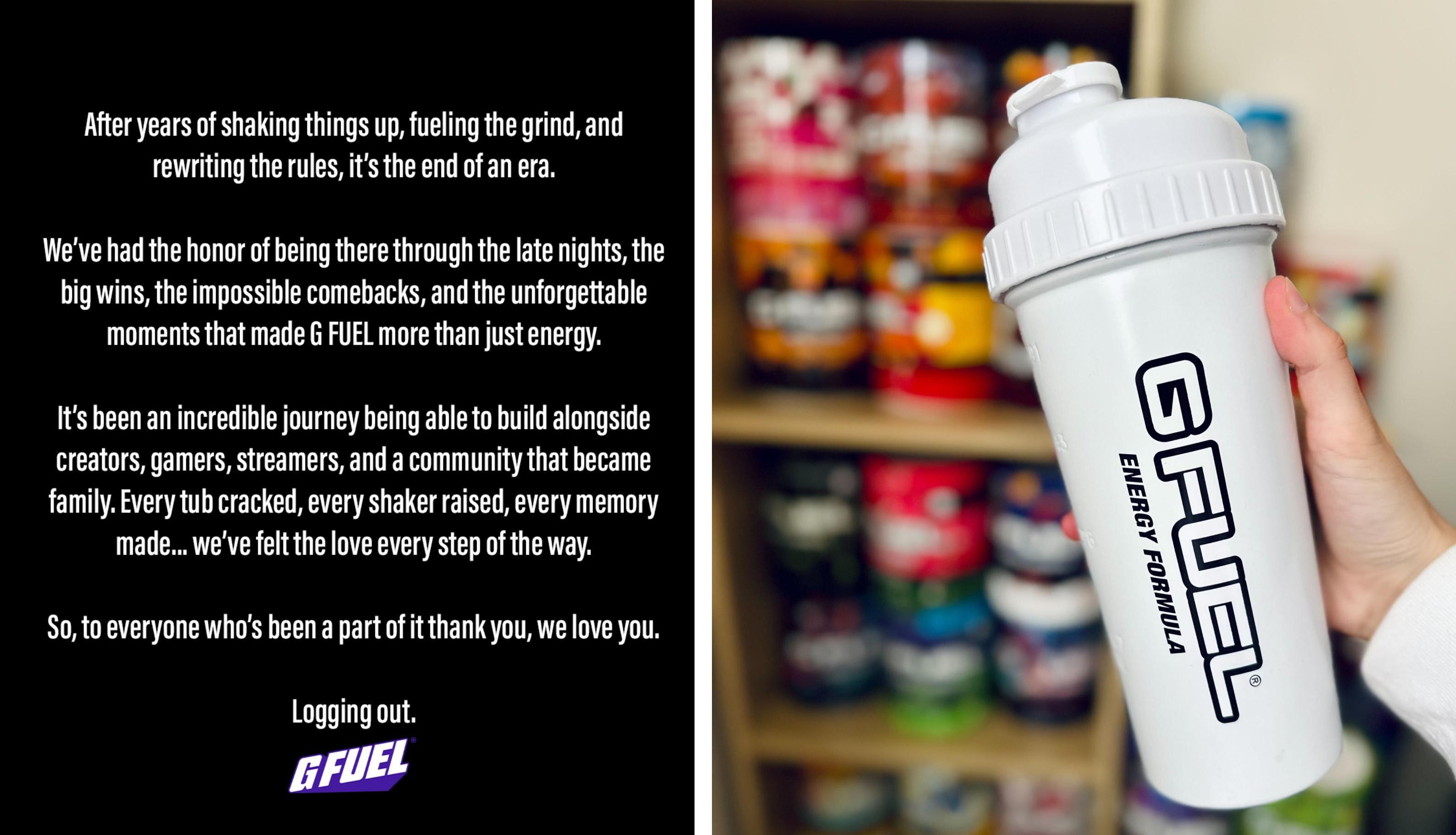 A G FUEL post on the left declares the company is closing.