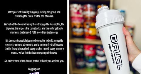 A G FUEL post on the left declares the company is closing.