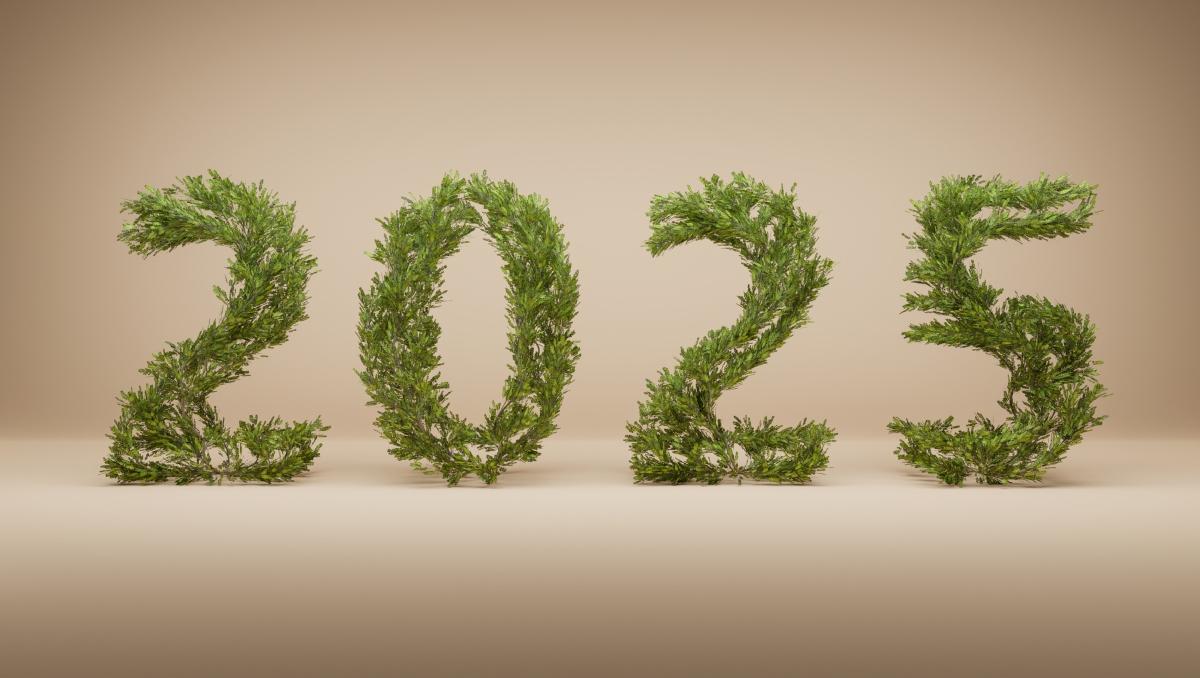 The year 2025 made out of plants in front of a beige background. 