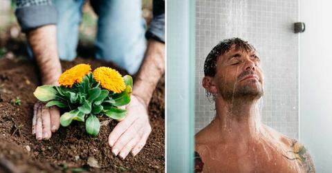 (L) Man planting flowers in his garden, (R) Man taking a shower in the bathroom. (Representative Cover Image Source: Getty Images | (L) Westend61, (R) Robin Skjoldborg)