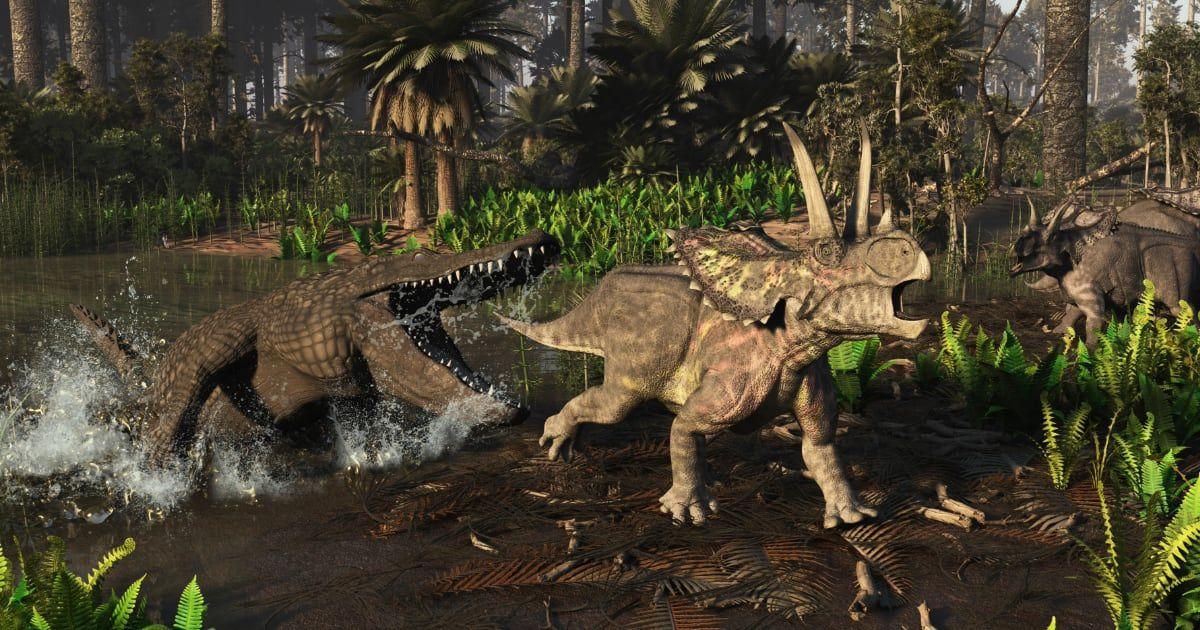 Illustration of a Deinosuchus alligator attacking an Agujaceratops dinosaur (Representative Cover Image Source: Getty Images | Arthur Dorety/Stocktrek Images)