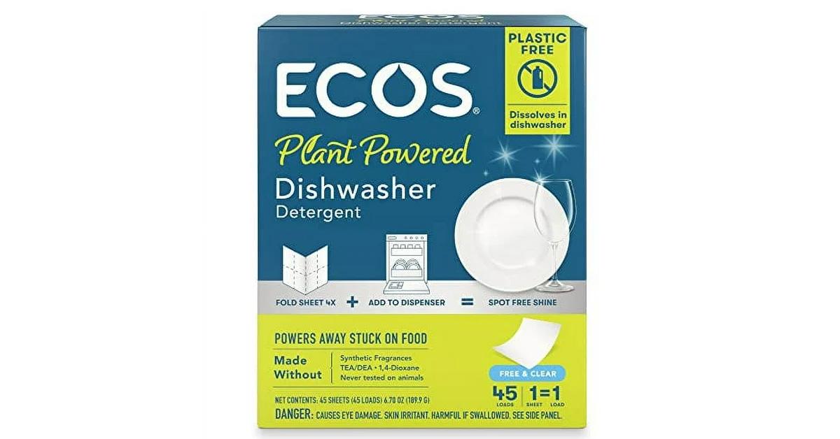 Ecos Plant Powered Dishwasher Detergent in a blue box on white background.