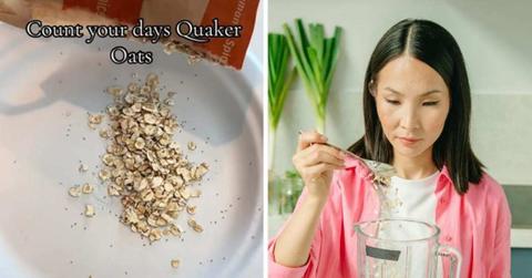 (L) The woman empties the Quaker Oats packet onto a plate. (Cover Image Source: TikTok | @briannafaiths) | (R) A woman putting a spoonful of oat grains into a mixer. (Representative Cover Image Source: Pexels | Yaroslav Shuraev)