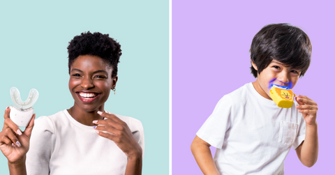 Two people hold the u-shaped toothbrush from autobrush