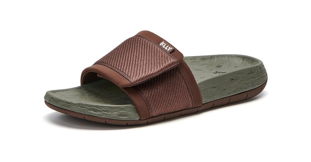 waterproof slides with a green sole and brown strap