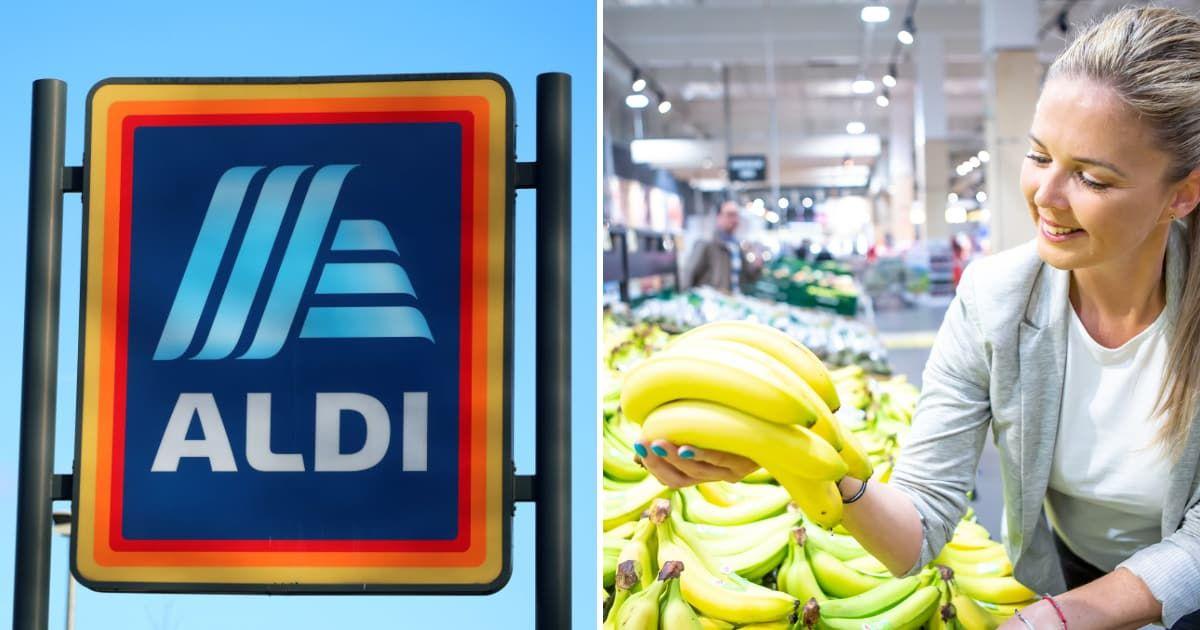 (L) Aldi logo is displayed outside one of its stores in Holmes Chapel, UK, (R) Woman buying bananas in a grocery store. (Representative Cover Image Source: Getty Images | (L) Nathan Stirk, (R) Coverpicture)
