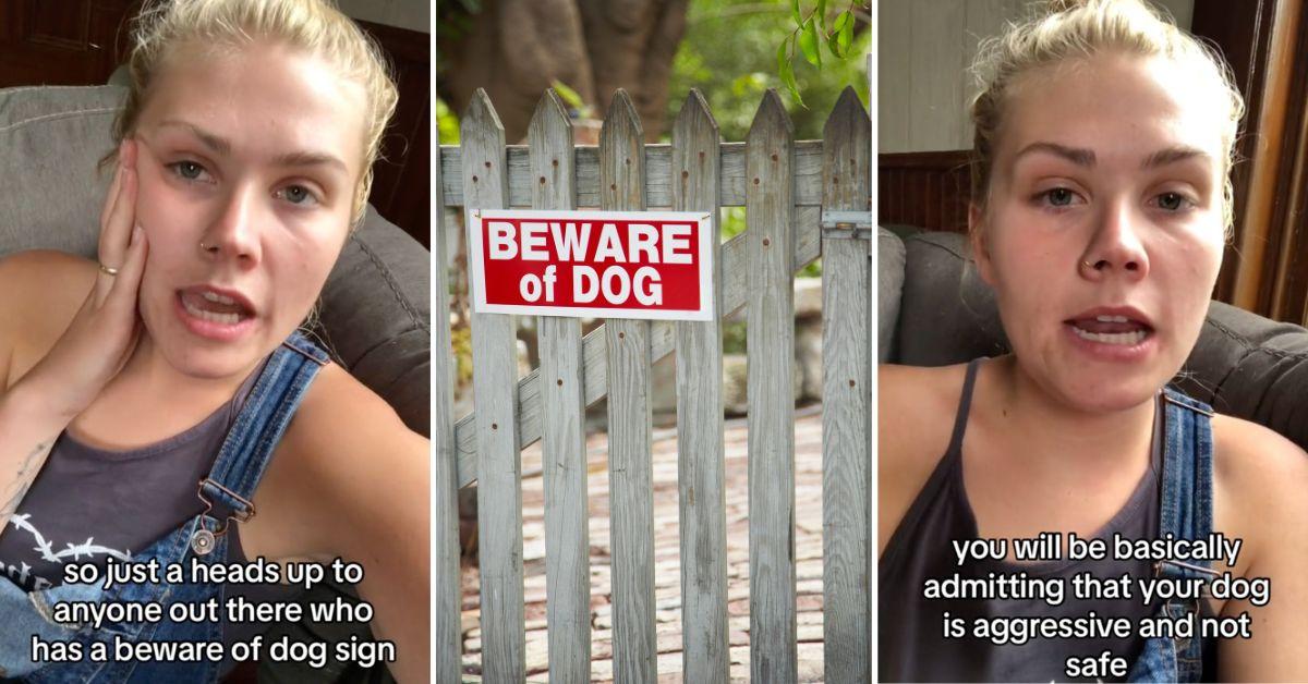 Screenshots of TikTok video and a beware of dog sign.