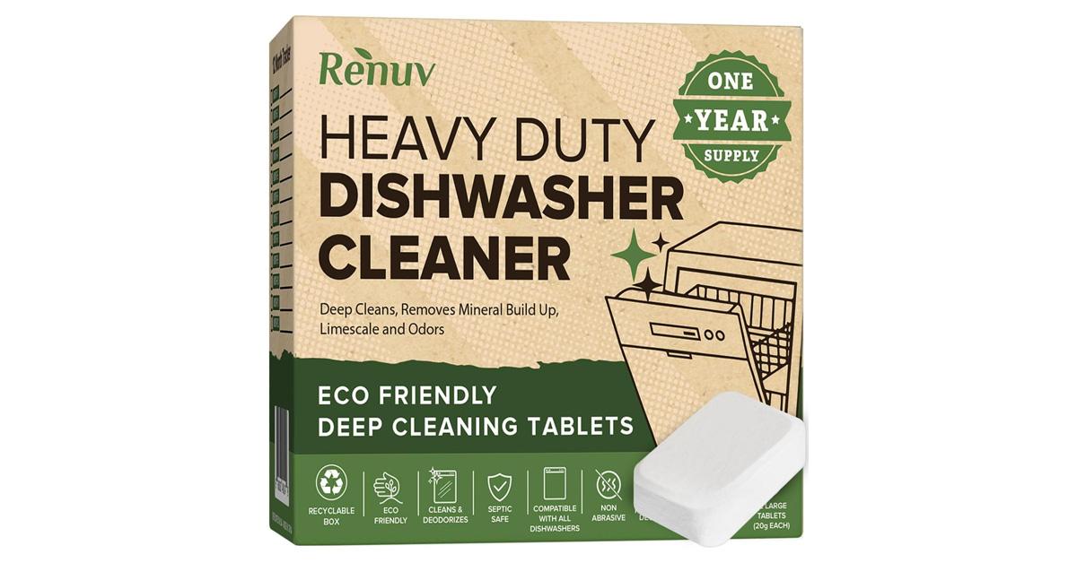 dishwasher cleaner in green and white box