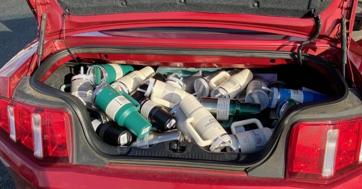 A car trunk full of stolen Stanley cups. 