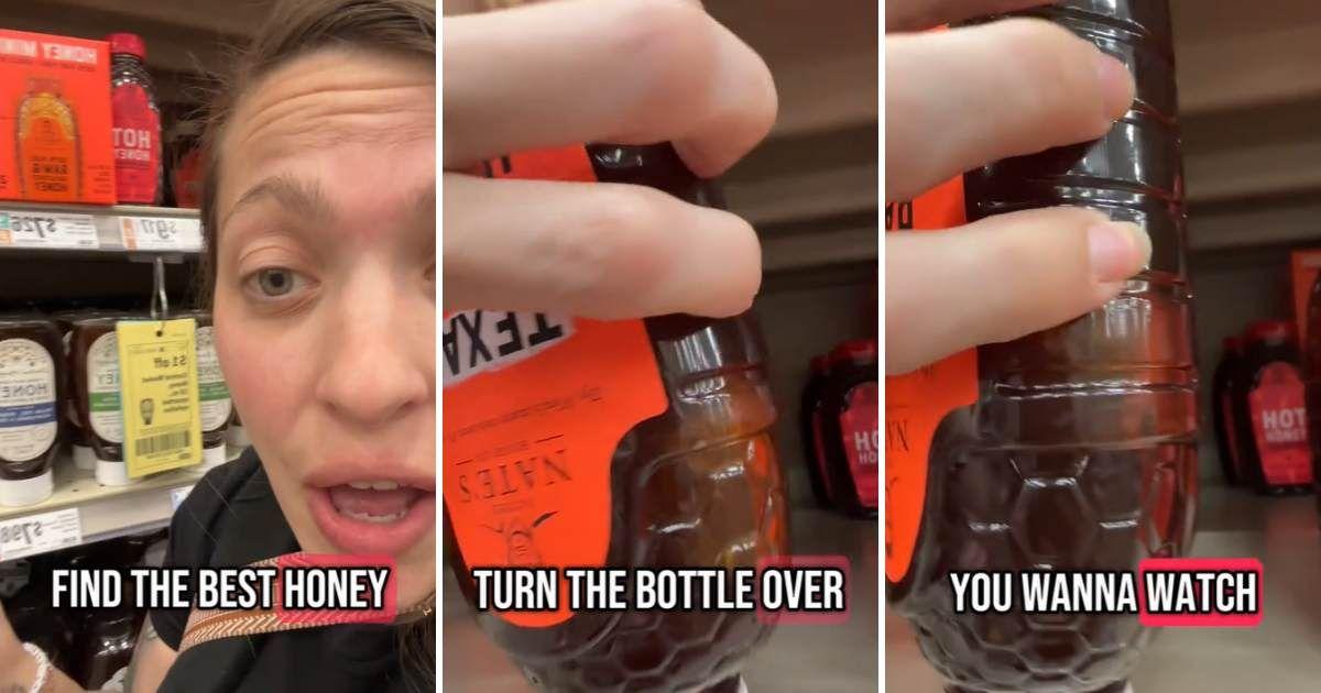 Shopper reveals a simple hack to test the purity of honey at grocery stores. (Cover Image Source: TikTok | @naturalmamalogan)