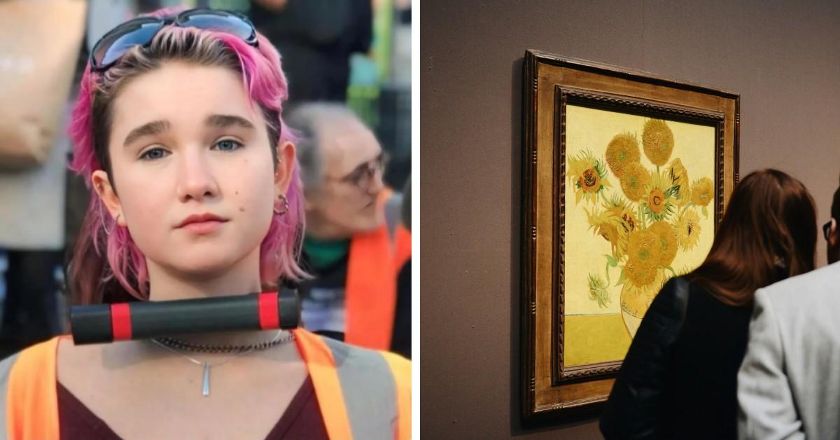 Phoebe Plummer poses next to the painting she is convincted of throwing soup on in protest (Vincent Van Gogh's Sunflowers) 