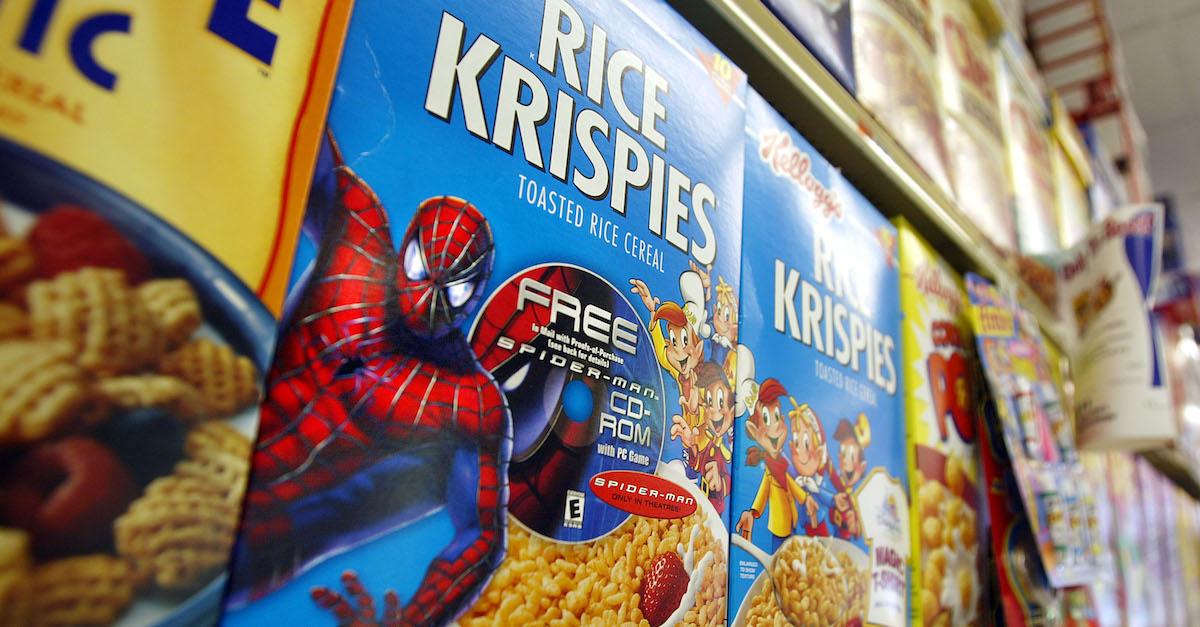 Boxes of Kellogg's Rice Krispies on a store shelf