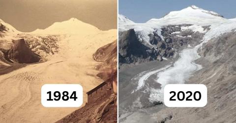 Images depicting the rapid retreat of Pasterze glacier in Switzerland (Cover Image Source: Reddit | u/NATZureMusic)