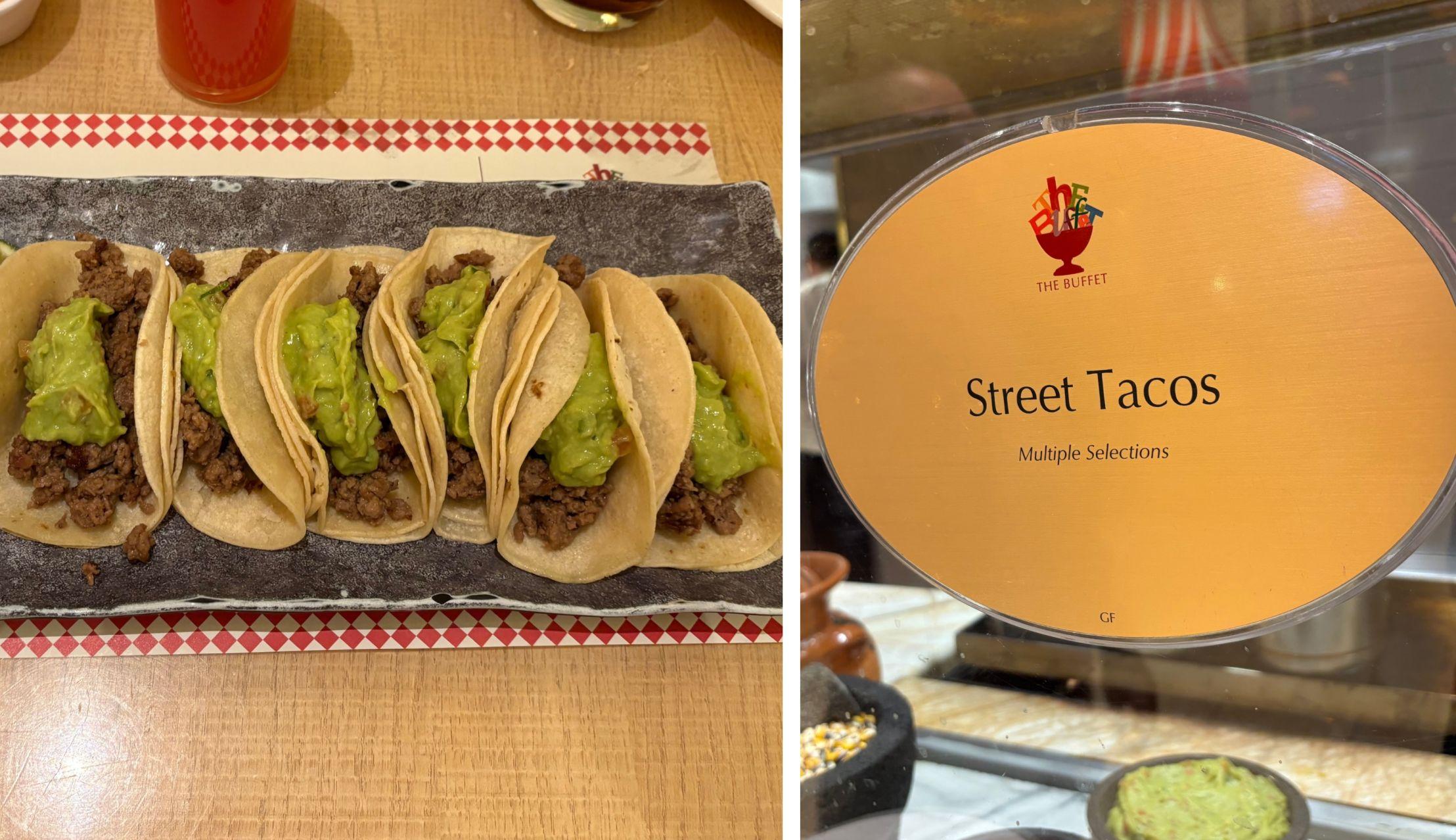 Two pictures depict vegan tacos on the left and a sign that reads "Street Tacos" on the right.