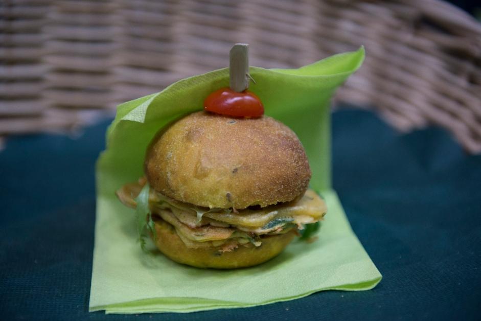 A vegan hamburger on a bun during the Vegan World Fair organized by the Veggie World association in Turin