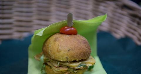 A vegan hamburger on a bun during the Vegan World Fair organized by the Veggie World association in Turin