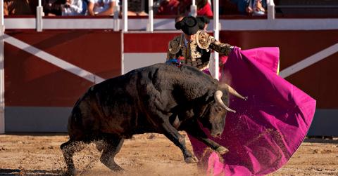 A matador holding a red cape during a bullfight.