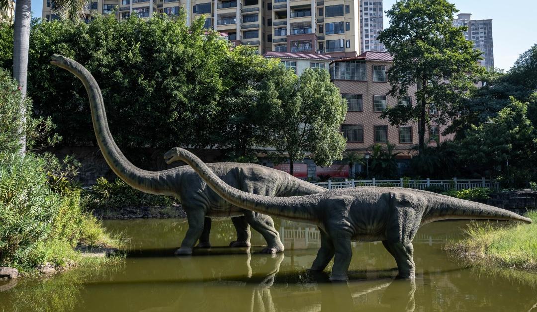 Two dinosaur models displayed at Heyuan Dinosaur Museum on October 26, 2022 in Guangzhou, Guangdong Province of China