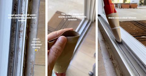 Screenshots of a video of using a toilet paper roll to vacuum sliding door tracks.
