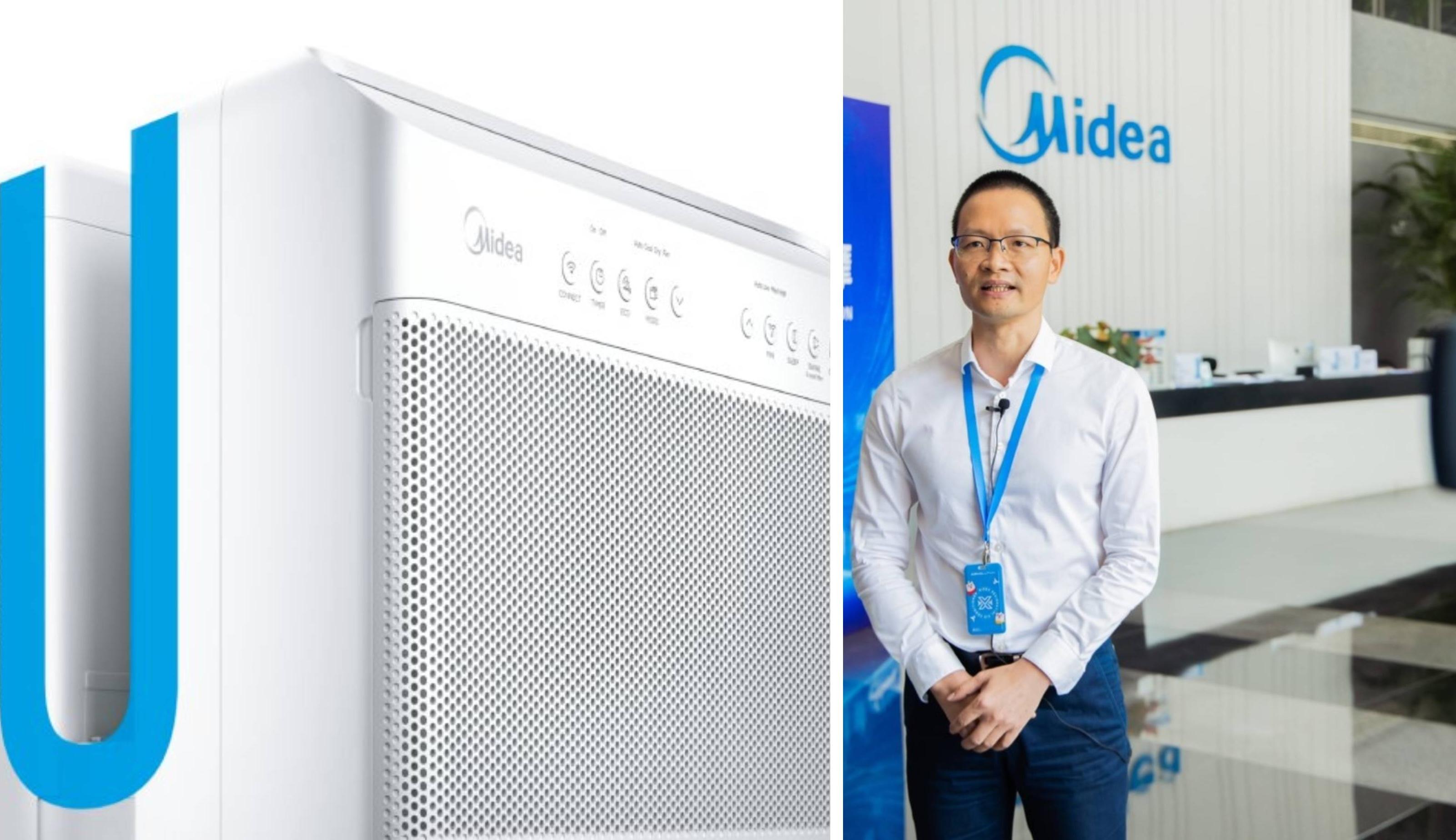 A Midea U-shaped air conditioner and Midea air conditioner division employee are pictured.
