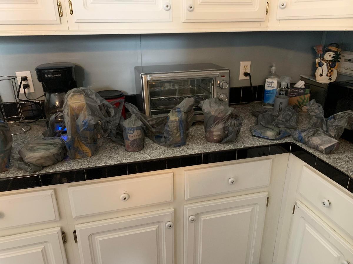 kitchen counter with individually bagged items