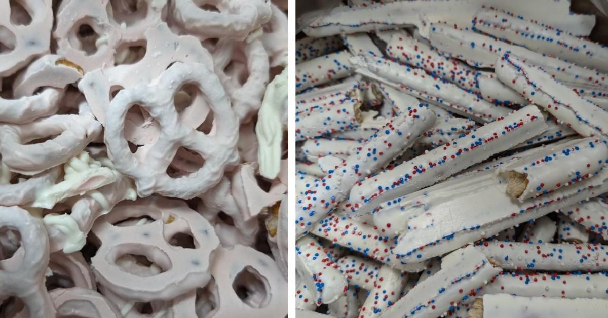 Yogurt covered pretzels on display at a Palmer Candy shop.