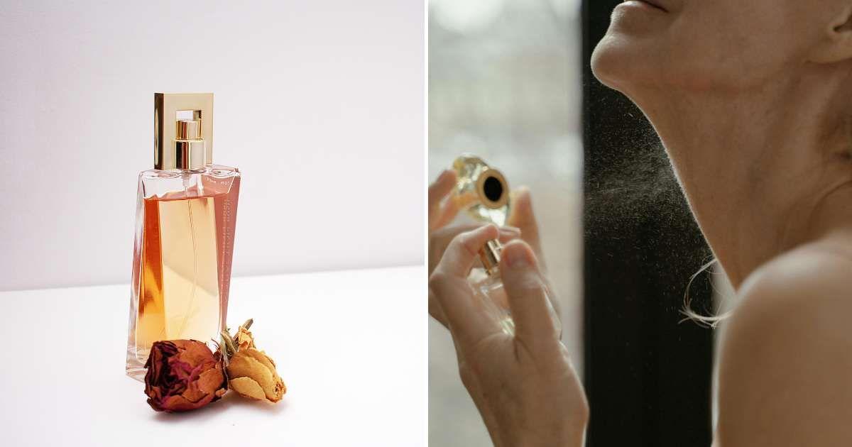 (L) A bottle of rose-scented perfume. (R) A woman spraying perfume on the neck. (Representative Cover Image Source: Pexels | (L) Diana, (R) Ron Lach)