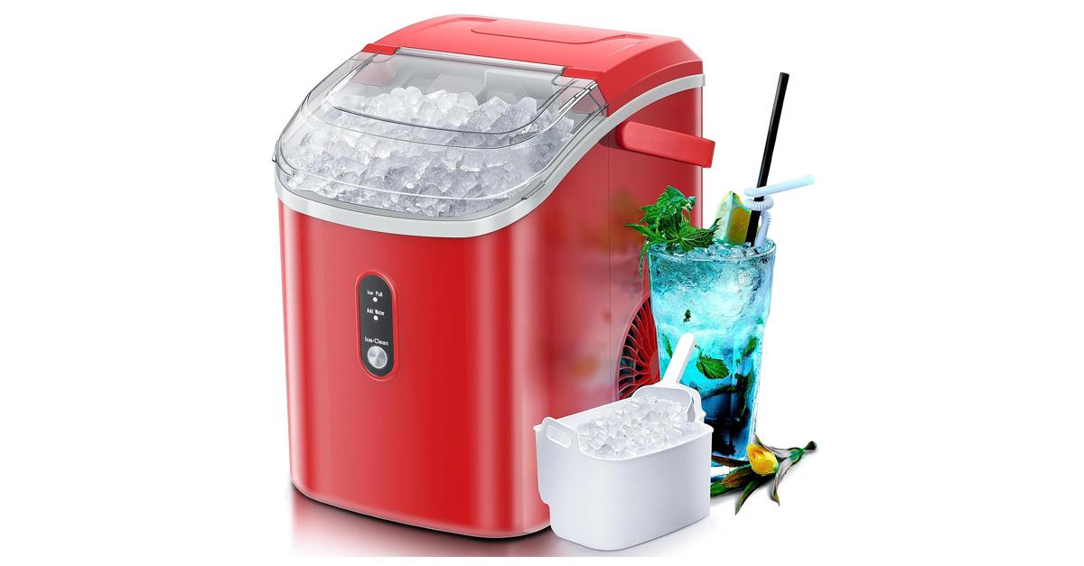 red ice maker with cold beverage beside it