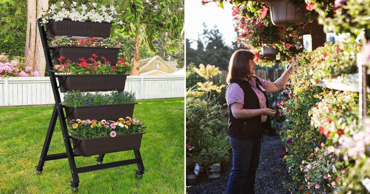 (L) G TALECO GEAR 5-tier vertical garden planter in black color. (Cover Image Source: Walmart) | (R) A woman shopping for planters in a store. (Representative Cover Image Source: Getty Images | Mint Images)