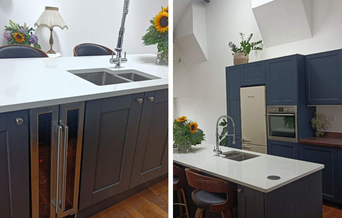 blue cabinets in new kitchen