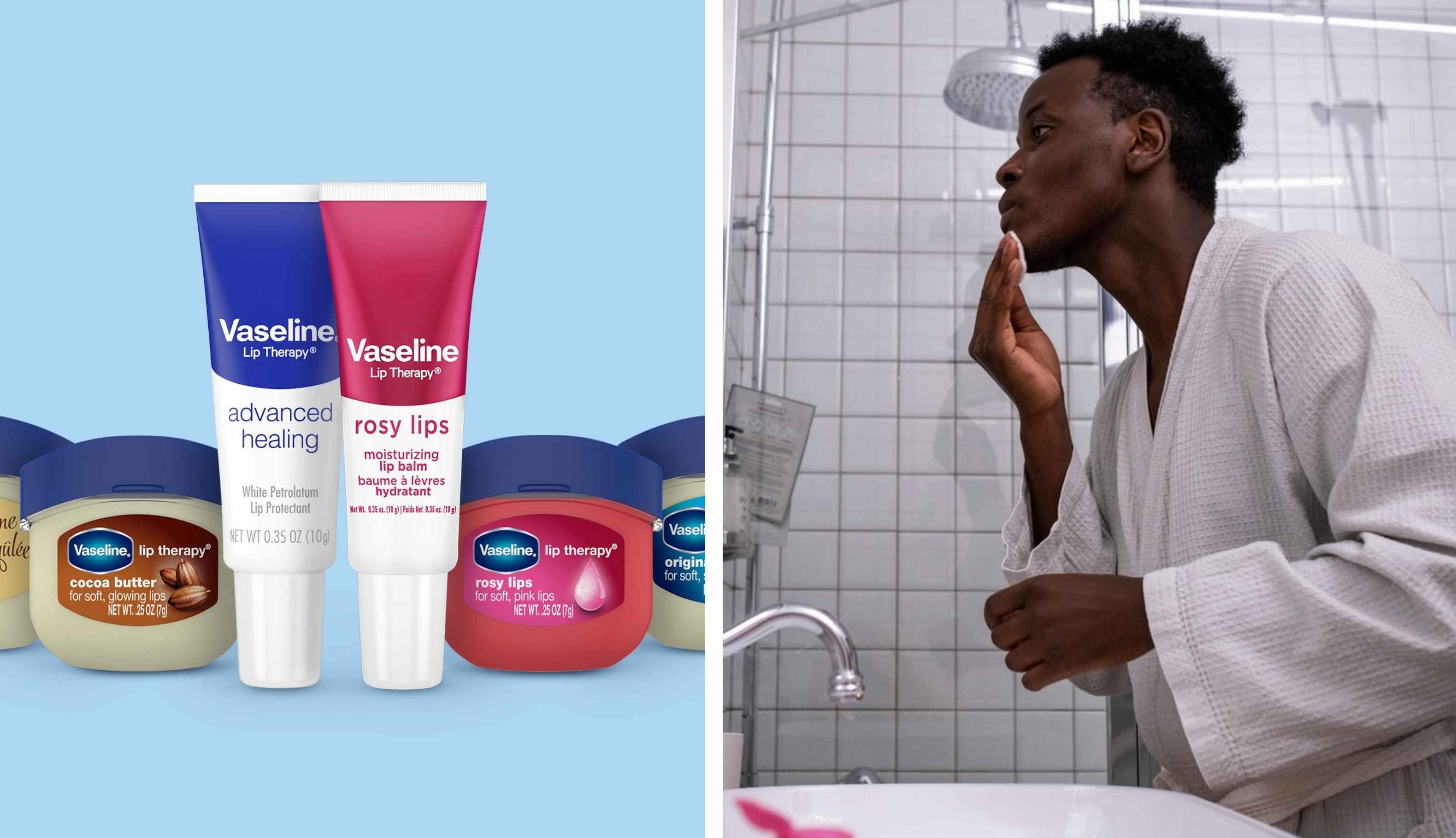A man applies Vaseline products mixed with salt to his face in the bathroom.