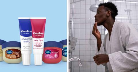 A man applies Vaseline products mixed with salt to his face in the bathroom.